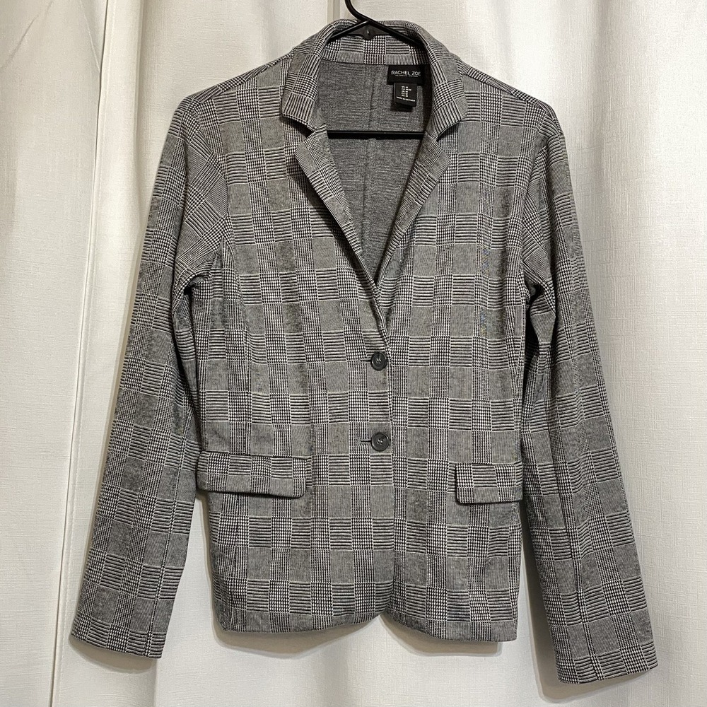 Rachel Zoe Black White Design Blazer Size‎ Medium Button Down Faux Pockets